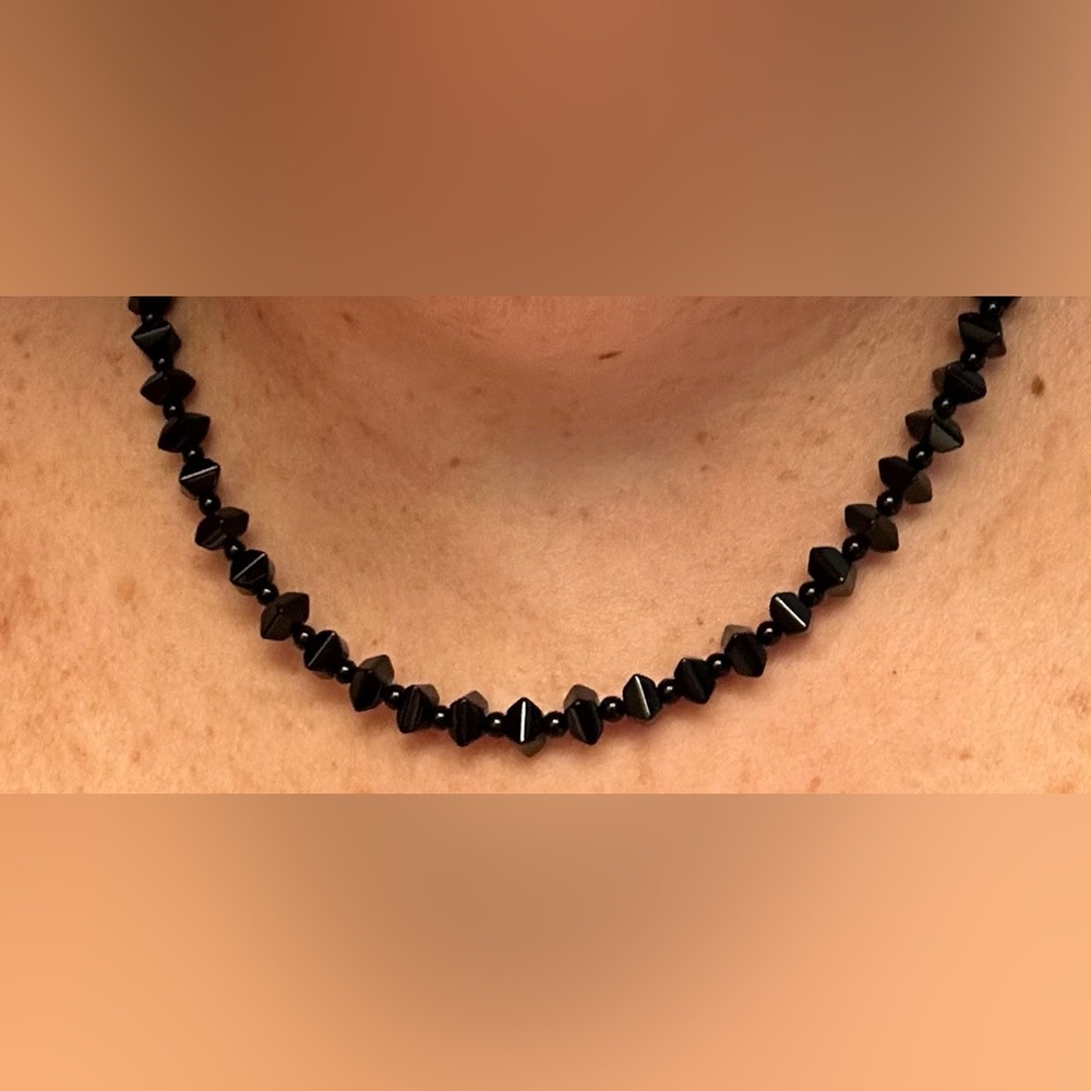 HANDCRAFTED ONYX Beaded Necklace Sterling Silver chain and clasp.  18”